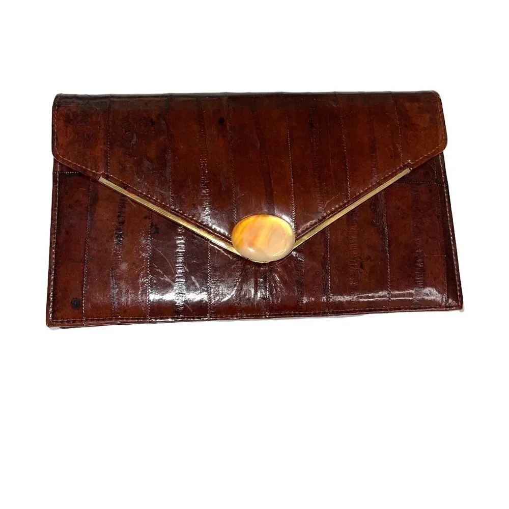 Vintage Womens Clutch Brown Eel Skin Print Chain Gold Hardware Shoulder Bag